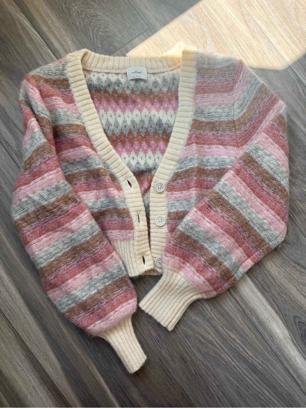 Aritzia Wilfred Pink/Brown/Cream Stripe Cropped Knit Cardigan
